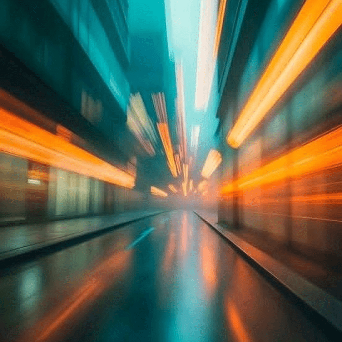 Orange and teal light streaks representing ML arteka's speed, focus and disciplined execution