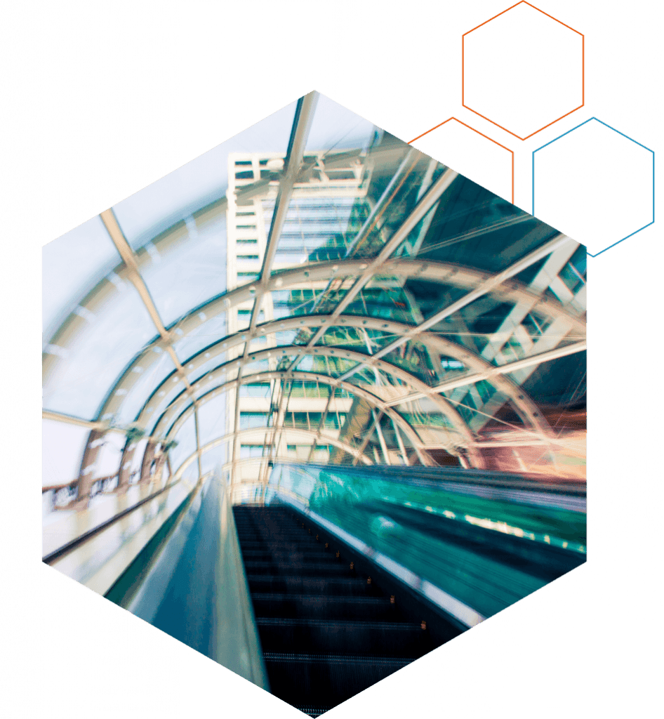 Fast-moving escalator representing controlled banking modernization by ML arteka.