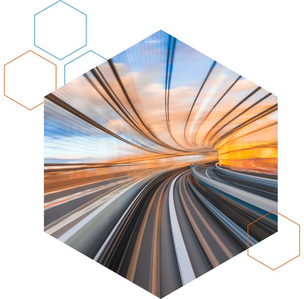 High-speed motion on curved tracks representing ML arteka resilient telecom infrastructure.
